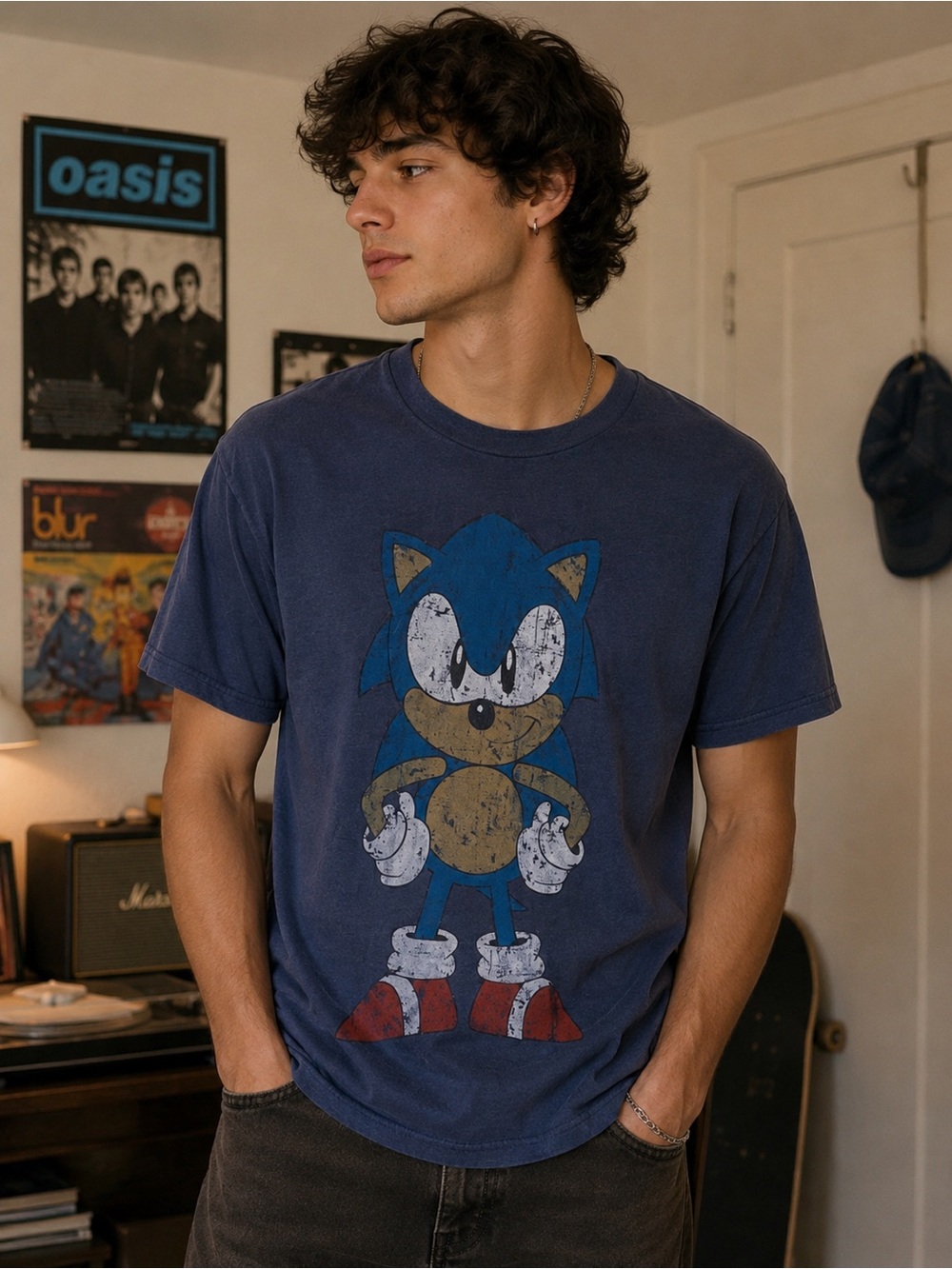 Vintage Distressed Sonic Graphic Tee - Blue Short Sleeve Men’s Shirt
